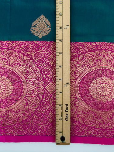 Banarasi Katan Pure Silk Saree | Peacock Blue Green & Pink| Gold Zari | Handwoven | Ships from California